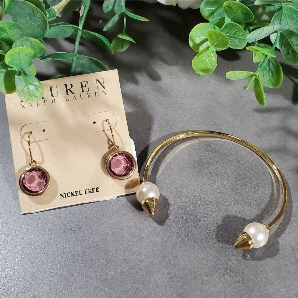 Lauren Ralph Lauren Gold Tone Pink Crystal Drop Earrings Pearl Spike Bangle Set